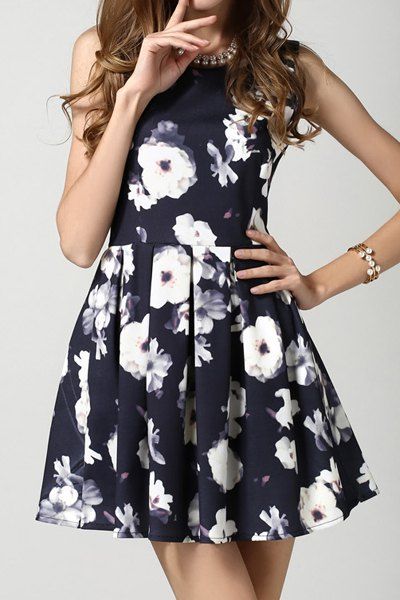 Fashion Vintage Scoop Neck Sleeveless Pleated Floral Print Dress For Women  
