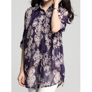 band collar loose fitting print blouses