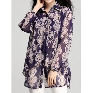 band collar loose fitting print blouses