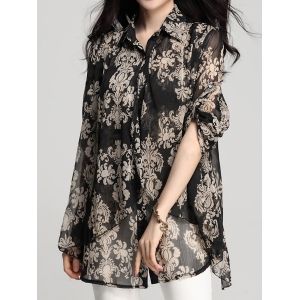 band collar loose fitting print blouses