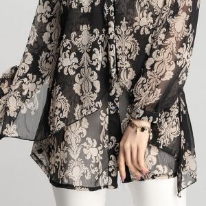 band collar loose fitting print blouses