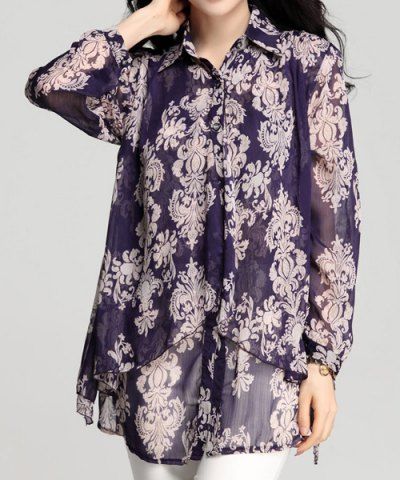 band collar loose fitting print blouses