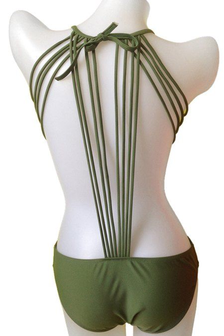 

Fashionable Tie-Up Solid Color One-Piece Swimwear For Women, Army green