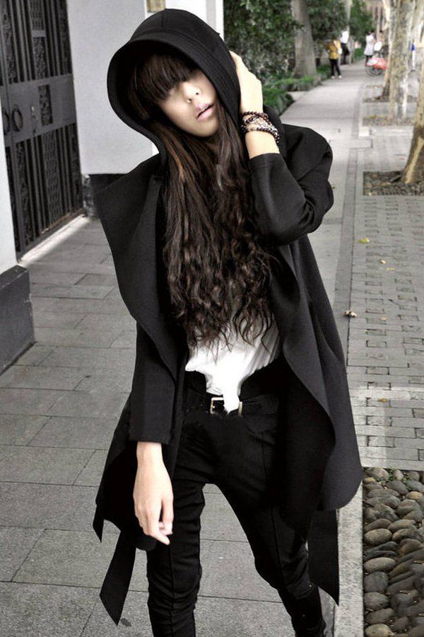 

Stylish Long Sleeves Solid Color Belt Hooded Trench Coat For Women, Black