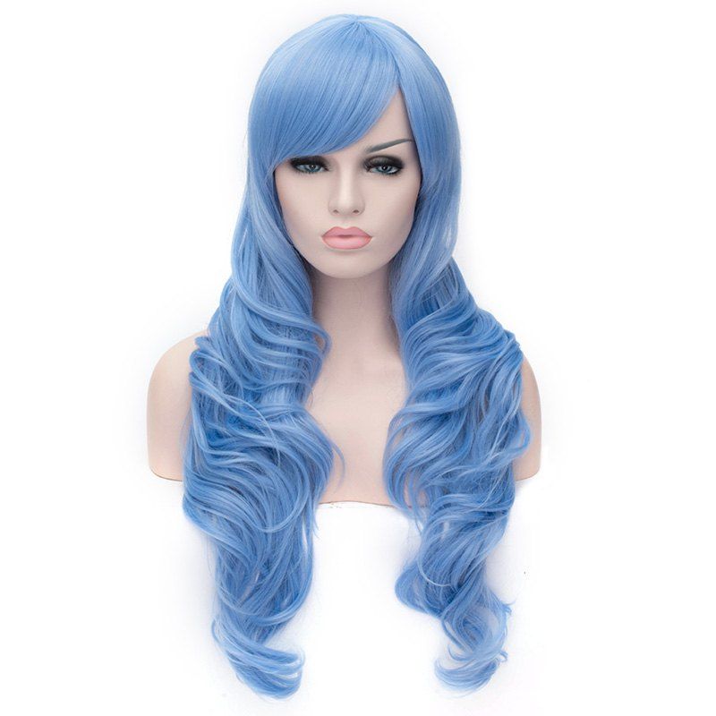 [21 Off] Charming Azure Long Fluffy Wave Synthetic Side Bang Capless Wig For Women Rosegal