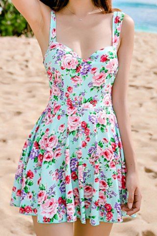 Light Green Xl Trendy Floral Print Sweetheart Neckline Push-up One ...