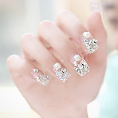 

24 PCS Luxury Glitter Faux Pearl and Rhinestone Embellished Art False Nails, Transparent