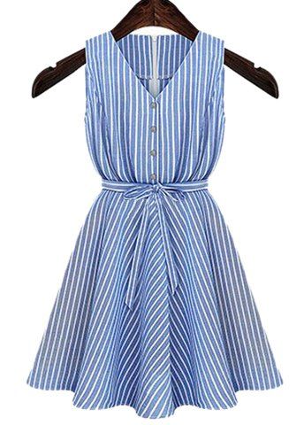 [67% OFF] Casual V-Neck Sleeveless Striped Button Design Women's Dress ...