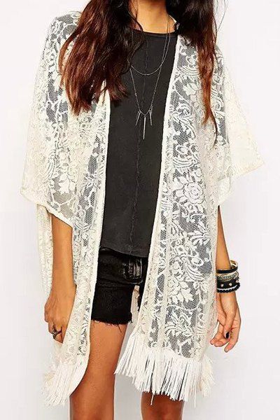 Sale Stylish Lace Embroidered Tassel Spliced Kimono Half Sleeve Cardigan For Women  