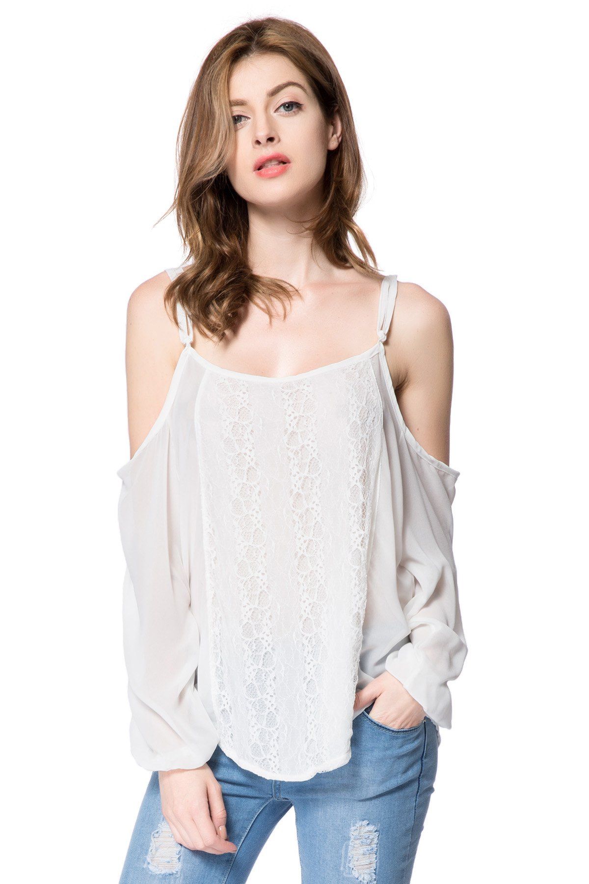White Xl Long Sleeve Cold Shoulder Lace Chiffon Top ...