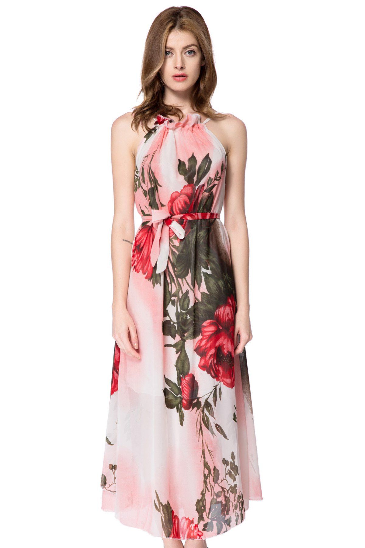 New Bohemian Style Halter Neck Large Floral Print Chiffon Women's Maxi Dress  