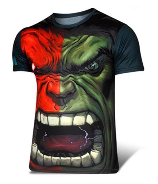 

Fashion Round Neck Slimming Color Block The Hulk Print Short Sleeve Polyester T-Shirt For Men, Cadetblue