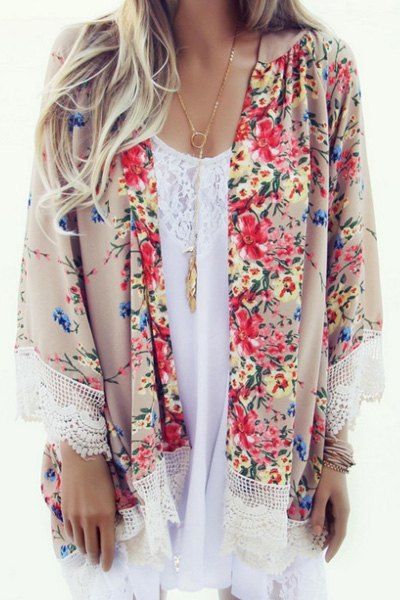 

Collarless Floral Print Lace Trim Kimono, Colormix