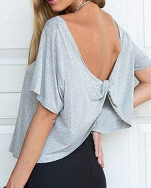 [36% OFF] Stylish Scoop Neck Half Sleeve Open Back Solid Color Women's ...