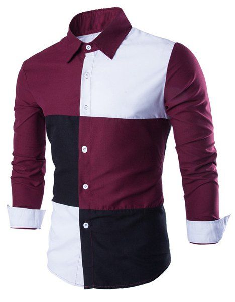 [28% OFF] Fashion Shirt Collar Color Block Stitching Slimming Long ...