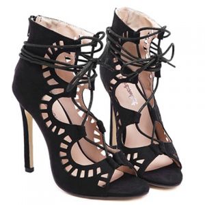 Black 37 Stiletto Heel Lace Up Cut Out Sandals | RoseGal.com