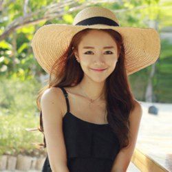 Chic Black Lace-Up Embellished Wide Brim Straw Hat For Women -  