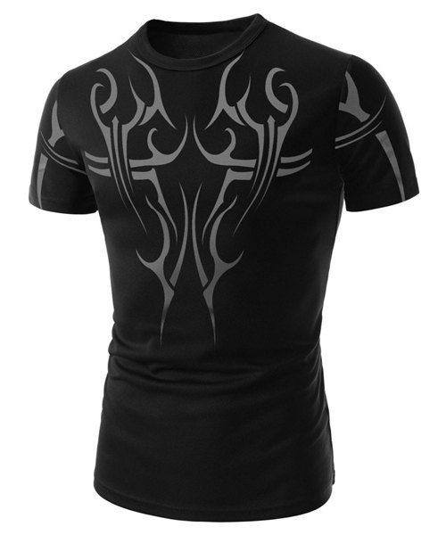 

Fashion Round Neck Tattoo Print Slimming Short Sleeve Polyester T-Shirt For Men, Black