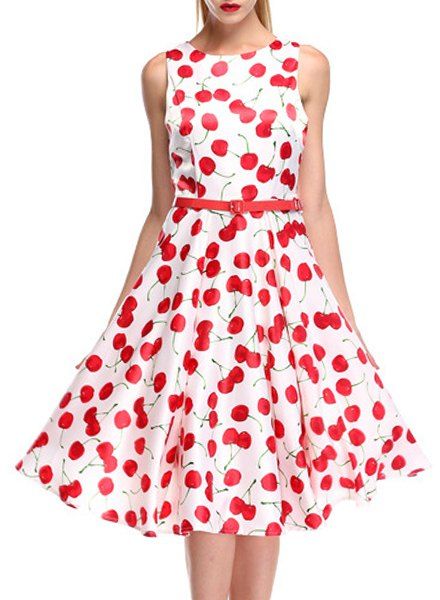 [29% OFF] Stylish Round Collar Cherry Pattern With Belt Sleeveless Tiki ...