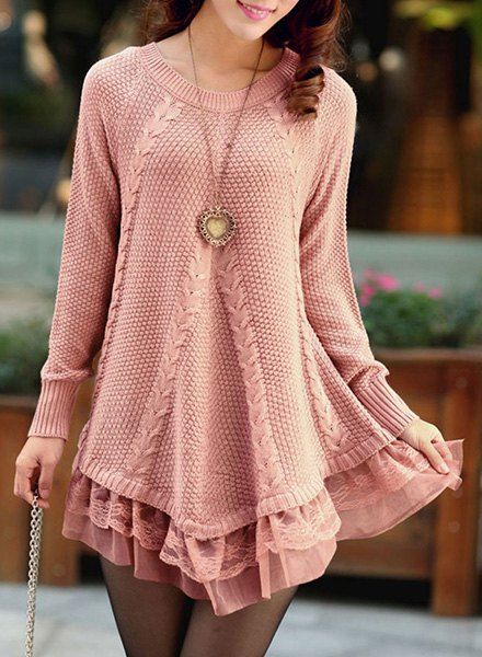 Outfit Stylish Scoop Neck Long Sleeve Solid Color Laciness Women's Sweater  