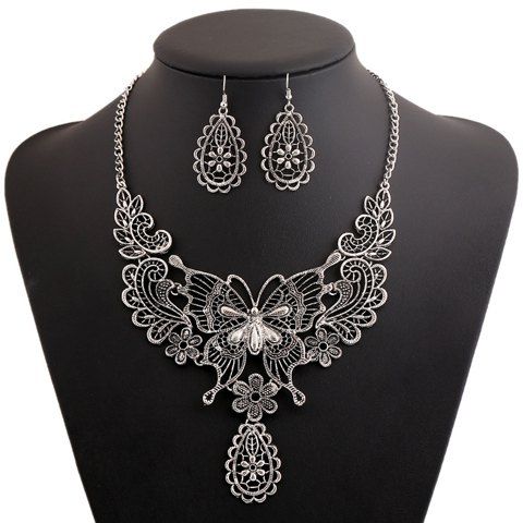 

A Suit Chic Floral Butterfly Pendant Necklace And Earrings For Women, Silver gray