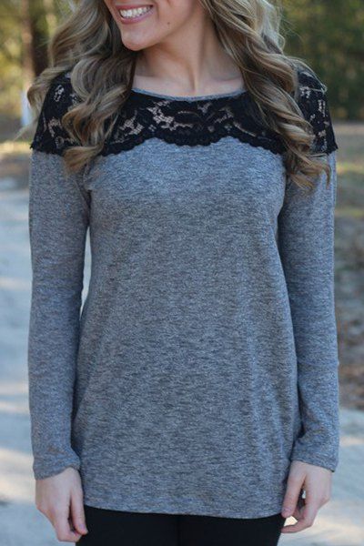 2019 plus size lace spliced asymmetric long sleeves tee