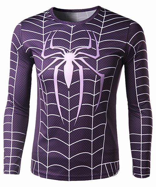 

Trendy Round Neck 3D Spider-Man Print Slimming Long Sleeve Polyester Quick-Dry T-Shirt For Men, Purple
