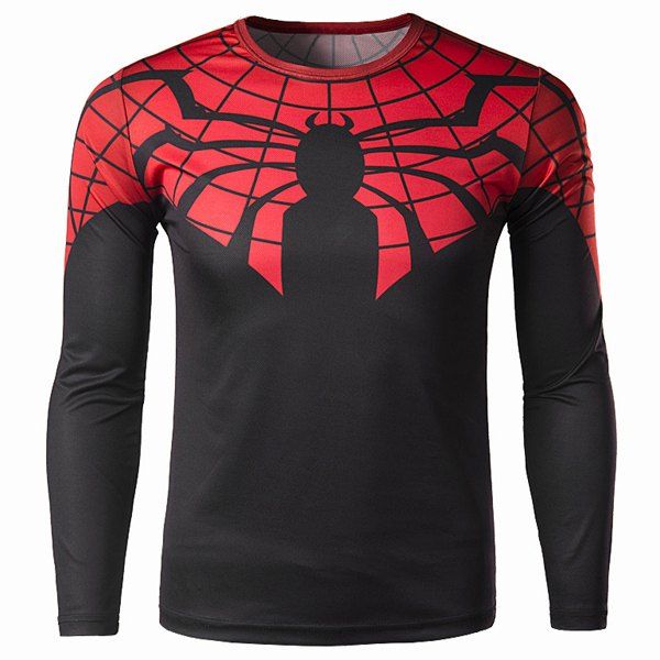 

Modish Round Neck Color Block 3D Spider-Man Print Slimming Long Sleeve Polyester Quick-Dry T-Shirt For Men, Black