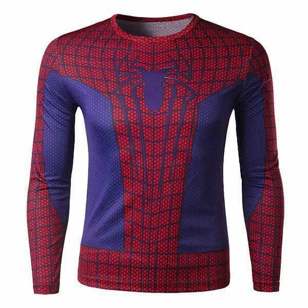 

Modish Round Neck Color Block 3D Spider-Man Print Slimming Long Sleeve Quick-Dry T-Shirt For Men, Red