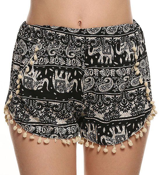 2018 Cute Elastic Waist Elephant Print Fringed Shorts For Women In