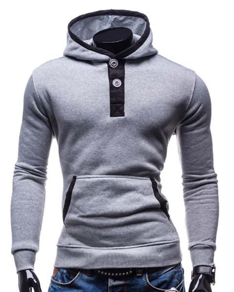 

Fashion Hooded Color Splicing Button Design Slimming Long Sleeve Cotton Blend Hoodie For Men, Light gray