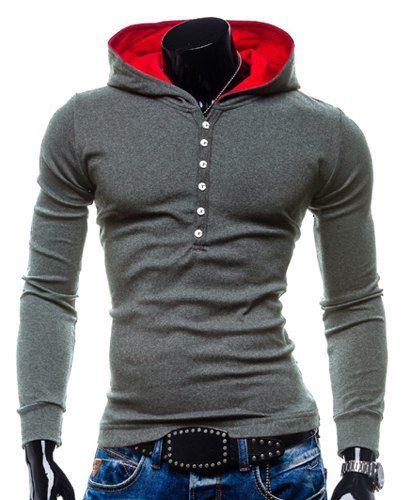 

Hooded Simple Buttons Pullover Hoodie, Gray