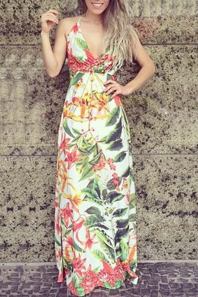 2018 sexy sleeveless tropical print women's maxi dress in