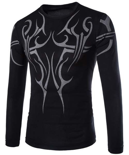 

Modish Slimming Round Neck Big Tattoo Pattern Long Sleeve Cotton Blend Quick-Dry T-Shirt For Men, Black