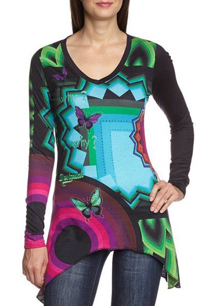 

Fashionable V Neck Butterfly Geometric Print Long Sleeve T-Shirt For Women, Colormix