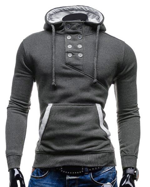 

Trendy Hooded Double Breasted Pocket Hemming Slimming Long Sleeve Cotton Blend Hoodie For Men, Deep gray