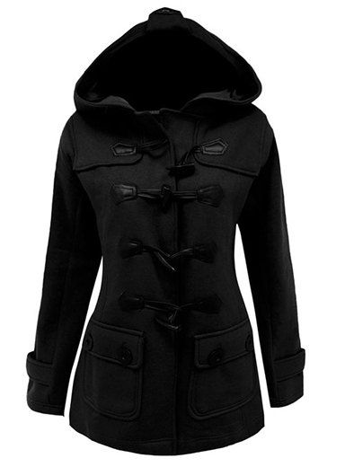 

Stylish Hooded Solid Color Horn Button Slimming Long Sleeve Coat For Women, Black