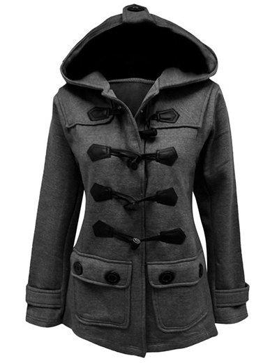 

Stylish Hooded Solid Color Horn Button Slimming Long Sleeve Coat For Women, Gray