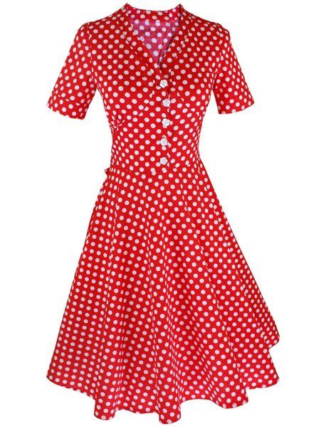 [46% OFF] Vintage Polka Dot Printed V-Neck Flare Midi Dress For Women ...