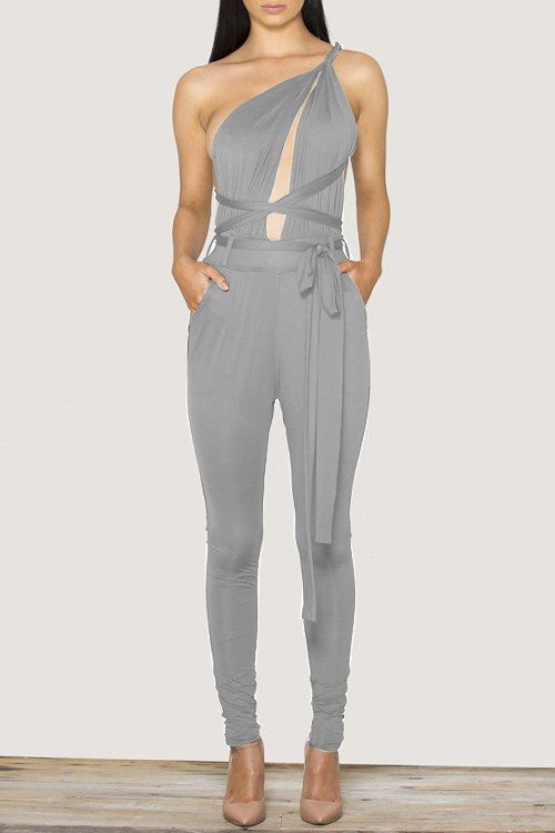 

Stylish Plunging Neck Sleeveless Solid Color Open Back Tie-Up Women's Jumpsuit, Gray