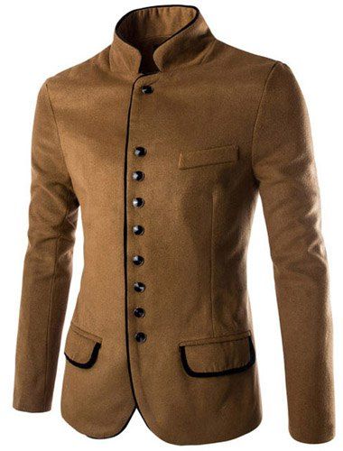 

Trendy Slimming Stand Collar Single Breasted Color Block Edging Long Sleeve Woolen Blend Blazer For Men, Camel