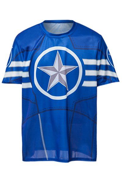 

Fashion Round Neck Slimming Color Block Captain America Print Short Sleeve Polyester T-Shirt For Men, Blue