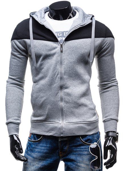

Fashion Two-Tone Spliced Front Pocket Slimming Hooded Long Sleeves Men's Zip Up Hoodie, Light gray
