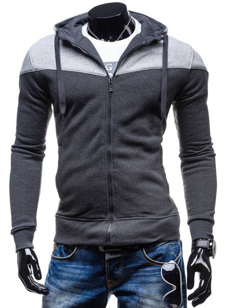 

Fashion Two-Tone Spliced Front Pocket Slimming Hooded Long Sleeves Men's Zip Up Hoodie, Deep gray