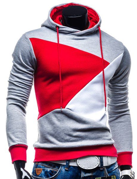 

Irregular Color Lump Spliced Rib Hem Slimming Hooded Long Sleeves Men's Casual Spliced Hoodie, Light gray
