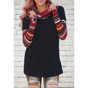 

Vintage Cowl Neck Printed Long Sleeve T-Shirt For Women, Black