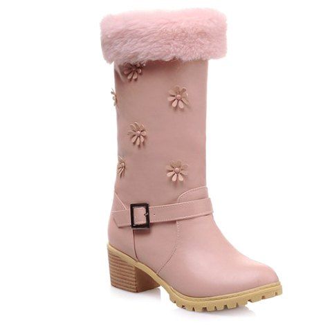 [58% OFF] Fresh Style Buckle And Flowers Design Women's Mid-Calf Boots ...