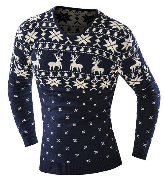 

Hot Sale V-Neck Christmas Snowflake Fawn Intarsia Color Block Slimming Men's Long Sleeves Sweater, Cadetblue