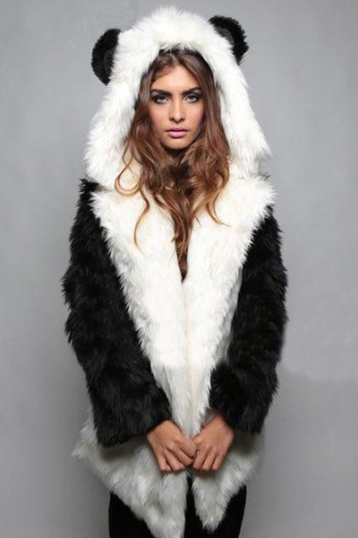 2018 Fashionable Hooded Faux Fur Panda Coat For Women In White/black S ...