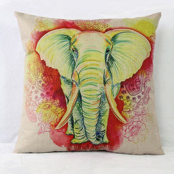 Colormix Charming Elephant Pattern Printed Square Composite Linen Blend Pillow Case